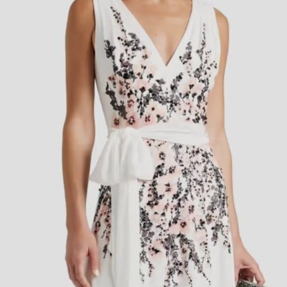 Badgley Mischka Women's White Embellished Printed Crepe De Chine Gown Size 2 - Picture 6 of 10